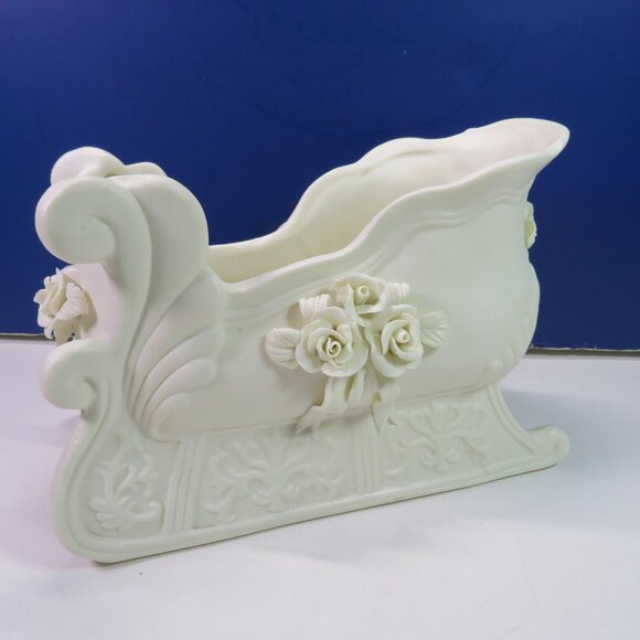 Ivory Bisque Porcelain Sleigh with Roses Neutral Holiday Winter Victorian Floral - Picture 4 of 15
